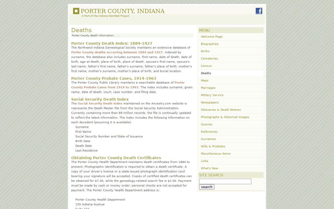 Porter County death index used for Valparaiso address history