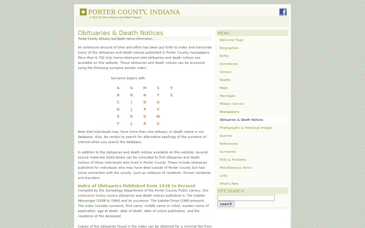 Porter County obituary index for past Valparaiso households