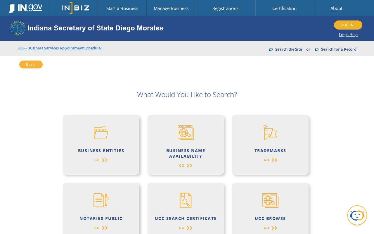 Valparaiso resident lookup through the INBiz public business search